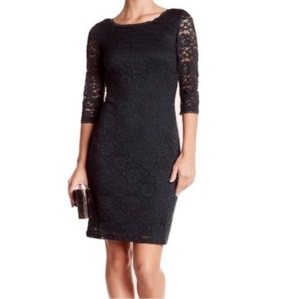 Eliza J Black Lace Overlay 3/4 Sleeve Sheath Dress, Size 2 NWOT